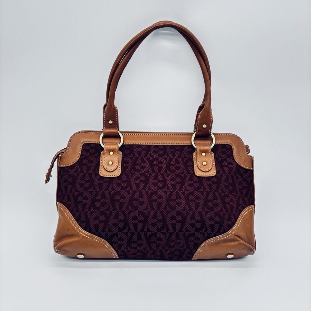 Etienne Aigner Burgundy Canvas Brown Leather Medium Shoulder Bag Handbag